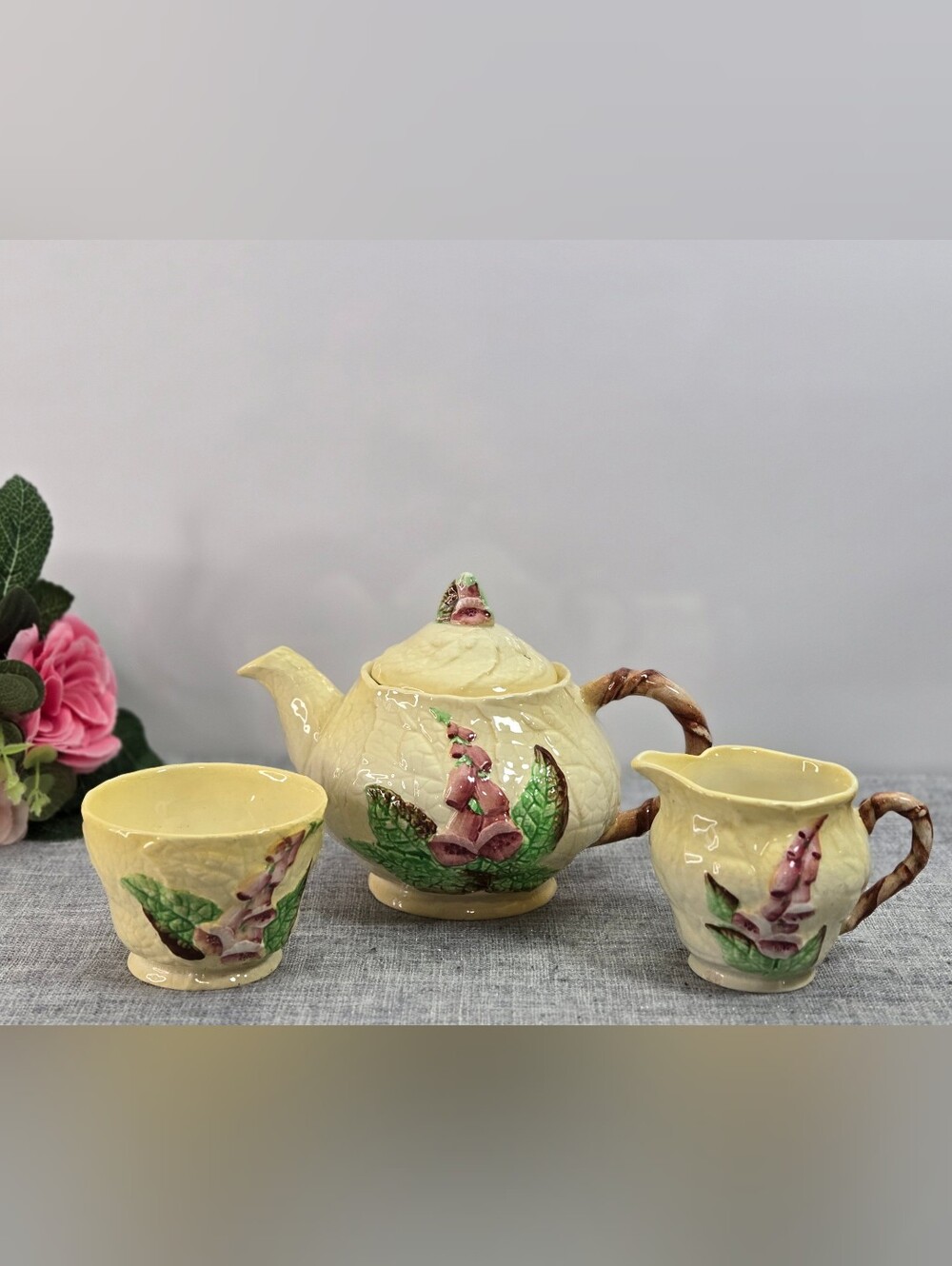 Vintage Carlton Ware Yellow Foxglove Teapot Creamer Sugar Bowl Tea Set 1940s